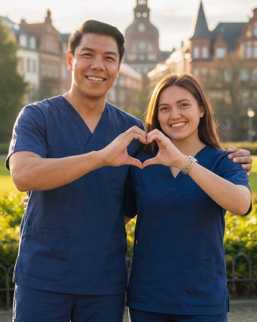 Two nurses forming a heart shape together with their hands.